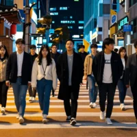 A vibrant, diverse group of young Korean adults walking on a crossroads, with some paths brightly lit and others shrouded in shadow. The background shows modern cityscapes and traditional elements, symbolizing societal changes.
