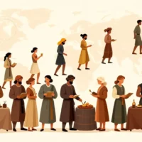 A diverse group of people from different eras (ancient, medieval, modern) engaging in various forms of trade and economic activity, symbolizing the long history and universal nature of capitalism. The background shows a subtle evolution from barter to digital currency. Soft, warm lighting.
