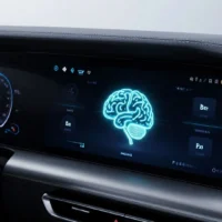 A futuristic car dashboard showing advanced AI features and a glowing brain icon, with a Samsung logo subtly integrated. High-tech, sleek design.
