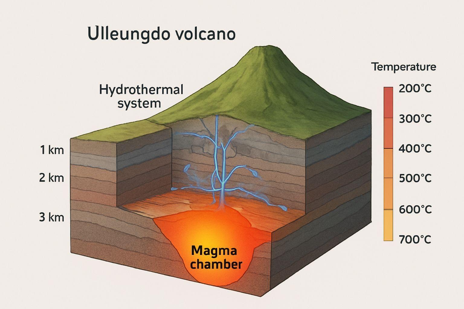 📌 울릉도 화산, 1km 깊이에서 100도 열기의 위험
