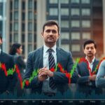 A bearish stock chart slowly transforming into a bullish one, with Wall Street analysts in the background looking optimistic, contrasting with anxious individual investors. Dynamic and modern feel.