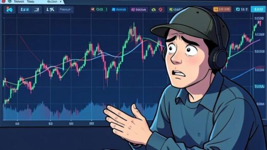 A beginner investor looking confused in front of a complex stock chart, with a worried expression, digital art.