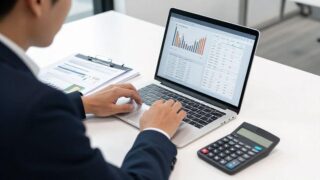A business person analyzing financial charts and real estate data on a laptop, with calculator and documents spread out on a modern desk, professional office setting, focused atmosphere