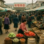 A bustling North Korean outdoor market (Jangmadang) scene, with vendors selling various goods and people moving around. The atmosphere is lively, showing economic activity in a unique cultural setting.