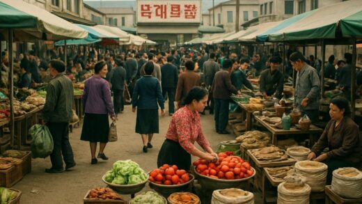 A bustling North Korean outdoor market (Jangmadang) scene, with vendors selling various goods and people moving around. The atmosphere is lively, showing economic activity in a unique cultural setting.