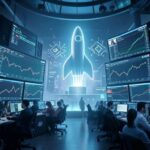 A busy financial trading floor with multiple screens displaying stock charts and news, but in the background, a subtle silhouette of a rocket and a microchip are visible, symbolizing underlying tech trends. Futuristic, high-tech, slightly abstract.