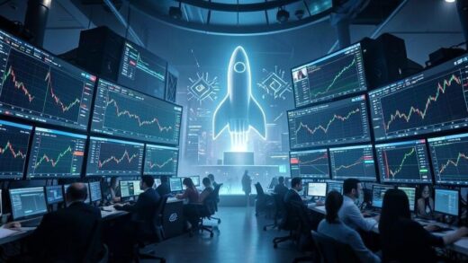 A busy financial trading floor with multiple screens displaying stock charts and news, but in the background, a subtle silhouette of a rocket and a microchip are visible, symbolizing underlying tech trends. Futuristic, high-tech, slightly abstract.