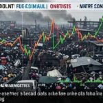 A chaotic oil market with fluctuating charts and news headlines, depicting global economic uncertainty.