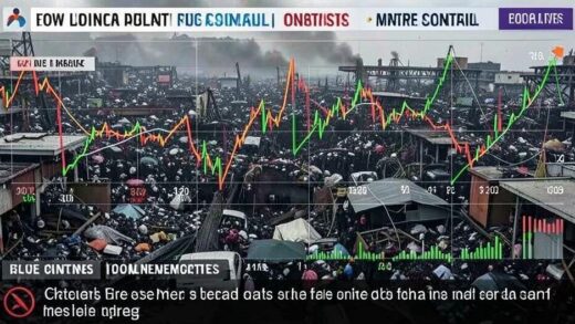 A chaotic oil market with fluctuating charts and news headlines, depicting global economic uncertainty.