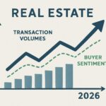 A chart showing rising real estate transaction volumes and increasing buyer sentiment, with an arrow pointing upwards. The scene should convey a sense of cautious optimism in the real estate market. 2026 year visible.