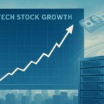 A chart showing tech stock growth, with a background of a calm post-war city and a faint image of money flowing towards servers. The image should convey economic analysis and future investment. Focus on financial graphs and technology infrastructure, abstractly representing growth.