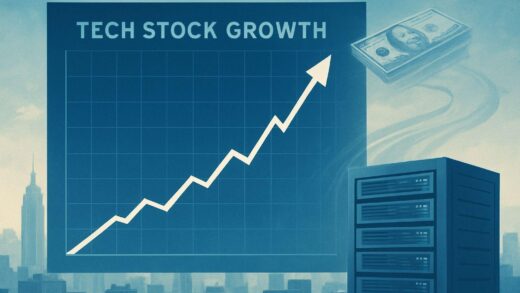 A chart showing tech stock growth, with a background of a calm post-war city and a faint image of money flowing towards servers. The image should convey economic analysis and future investment. Focus on financial graphs and technology infrastructure, abstractly representing growth.