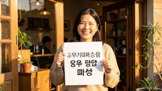 A cheerful small business owner proudly holding up a printed A4 poster with Korean text '고유가피해지원금 사용 가능 매장' in front of a cozy café storefront, warm sunlight, friendly atmosphere, realistic photo style