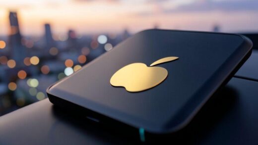 A close-up shot of a golden apple logo on a sleek, modern, futuristic looking device, symbolizing leadership change and innovation in a digital era. The background shows blurred city lights at dawn, suggesting a new beginning.