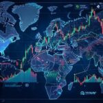 A complex geopolitical map overlaid with stock market charts and AI technology symbols, showing tension and growth simultaneously, in a futuristic style.