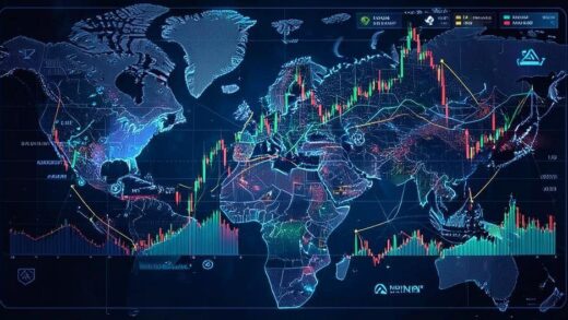 A complex geopolitical map overlaid with stock market charts and AI technology symbols, showing tension and growth simultaneously, in a futuristic style.