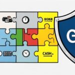 A conceptual illustration showing a balanced portfolio with stocks, bonds, gold, and cash assets distributed like puzzle pieces fitting together, with a protective shield symbolizing risk management in uncertain geopolitical times.