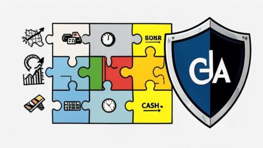 A conceptual illustration showing a balanced portfolio with stocks, bonds, gold, and cash assets distributed like puzzle pieces fitting together, with a protective shield symbolizing risk management in uncertain geopolitical times.