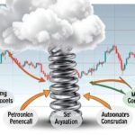 A conceptual illustration showing a large spring being pressed down by a war cloud, with arrows pointing to five different sectors (semiconductors, petrochemicals, aviation, automobiles, construction) waiting to rebound when the spring is released, dynamic financial chart in background, professional economic analysis style.