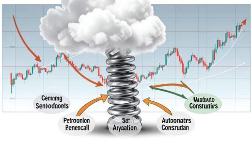 A conceptual illustration showing a large spring being pressed down by a war cloud, with arrows pointing to five different sectors (semiconductors, petrochemicals, aviation, automobiles, construction) waiting to rebound when the spring is released, dynamic financial chart in background, professional economic analysis style.