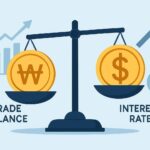 A conceptual illustration showing a scale balancing Korean won and US dollar coins, with trade balance and interest rate indicators in the background, professional infographic style.