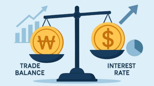 A conceptual illustration showing a scale balancing Korean won and US dollar coins, with trade balance and interest rate indicators in the background, professional infographic style.