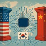 A conceptual illustration showing a world map with United States and China as dominant pillars, with South Korea positioned strategically between them. Digital AI neural networks and semiconductor chips flow between the countries, representing technological competition and collaboration.