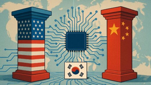 A conceptual illustration showing a world map with United States and China as dominant pillars, with South Korea positioned strategically between them. Digital AI neural networks and semiconductor chips flow between the countries, representing technological competition and collaboration.