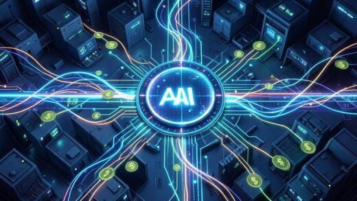 A conceptual illustration showing AI as the central axis of the market with money flowing towards unseen infrastructure, modern digital art style with glowing connections