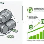 A conceptual illustration showing oil barrels declining on one side while green hydrogen and ammonia energy sources rising on the other, with money flowing toward the green energy sector, in a modern infographic style with arrows and growth charts.