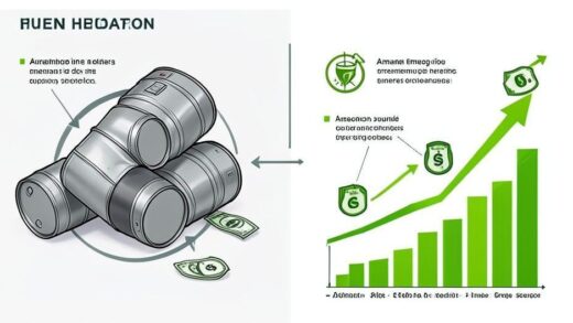 A conceptual illustration showing oil barrels declining on one side while green hydrogen and ammonia energy sources rising on the other, with money flowing toward the green energy sector, in a modern infographic style with arrows and growth charts.