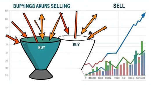 A conceptual illustration showing the imbalance between buying and selling real estate, with many arrows pointing into a 'buy' funnel but only one arrow coming out of a 'sell' funnel. The background shows rising interest rate graphs and housing price charts.