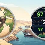 A conceptual illustration showing two different worlds: one with physical oil barrels priced at $144 and another with digital futures trading screens showing $97, with a large gap between them representing market disconnect. Middle Eastern landscape in background with ships waiting at a strait.