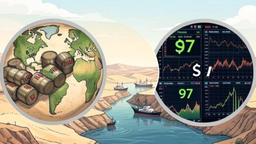 A conceptual illustration showing two different worlds: one with physical oil barrels priced at $144 and another with digital futures trading screens showing $97, with a large gap between them representing market disconnect. Middle Eastern landscape in background with ships waiting at a strait.