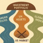 A conceptual image showing a balanced investment portfolio with Korean stocks, UK assets, and global indices flowing like rivers into different channels, avoiding a single concentrated US market. Visual metaphor for risk diversification.