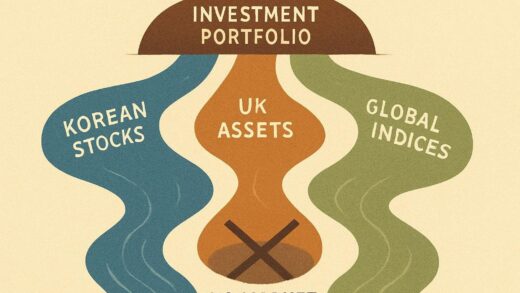 A conceptual image showing a balanced investment portfolio with Korean stocks, UK assets, and global indices flowing like rivers into different channels, avoiding a single concentrated US market. Visual metaphor for risk diversification.