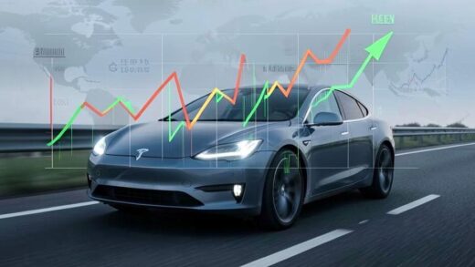 A conceptual image showing a Tesla car driving on a road, with a stock chart overlay depicting both downward and upward trends, symbolizing the uncertainty and potential turning point for the EV market. In the background, there are subtle hints of global economic indicators.