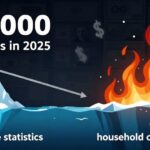 A conceptual infographic showing divorce statistics graph going down while household conflict flames rise up, with Korean text showing '88,000 divorces in 2025', visual metaphor of iceberg with visible tip labeled 'divorce statistics' and larger hidden part labeled 'household conflict', dark economic background with money symbols fading away, professional data visualization style with contrasting colors