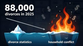 A conceptual infographic showing divorce statistics graph going down while household conflict flames rise up, with Korean text showing '88,000 divorces in 2025', visual metaphor of iceberg with visible tip labeled 'divorce statistics' and larger hidden part labeled 'household conflict', dark economic background with money symbols fading away, professional data visualization style with contrasting colors