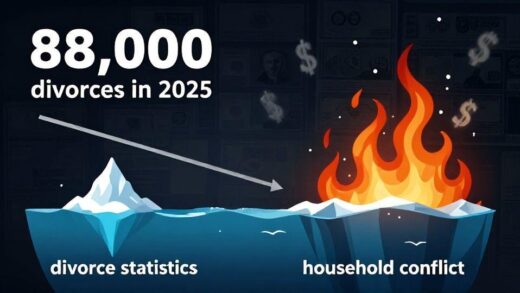 A conceptual infographic showing divorce statistics graph going down while household conflict flames rise up, with Korean text showing '88,000 divorces in 2025', visual metaphor of iceberg with visible tip labeled 'divorce statistics' and larger hidden part labeled 'household conflict', dark economic background with money symbols fading away, professional data visualization style with contrasting colors