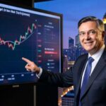 A confident Wall Street analyst pointing at a large screen showing rising stock market charts and data, with a backdrop of New York City skyline at dusk.