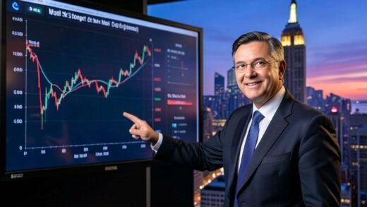 A confident Wall Street analyst pointing at a large screen showing rising stock market charts and data, with a backdrop of New York City skyline at dusk.