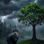 A confused investor looking at a single thriving tree while the forest in the background is shrouded in stormy weather.