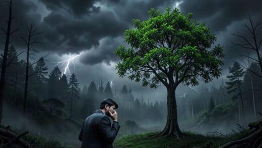 A confused investor looking at a single thriving tree while the forest in the background is shrouded in stormy weather.