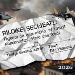 A crumpled ceasefire document with military jets flying over a burning city in the background, symbolizing a broken peace. The year 2026 is subtly visible.