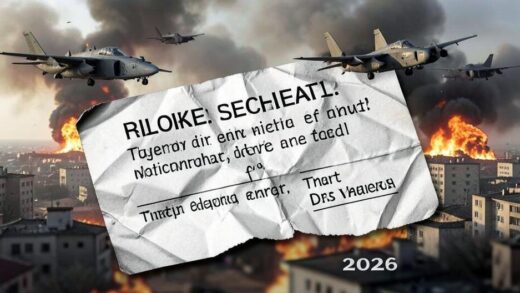 A crumpled ceasefire document with military jets flying over a burning city in the background, symbolizing a broken peace. The year 2026 is subtly visible.