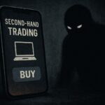 A dark illustration showing a smartphone with a second-hand trading app next to a shadowy figure, representing the dangers of online transactions.