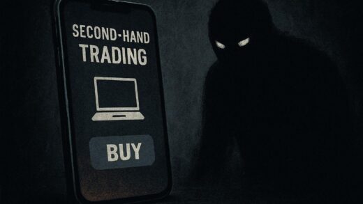 A dark illustration showing a smartphone with a second-hand trading app next to a shadowy figure, representing the dangers of online transactions.