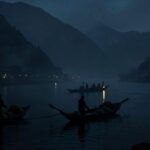 A dark, misty river border at night between North Korea and China, with small boats carrying shadowy figures and goods, symbolizing illicit cross-border trade and smuggling activities.