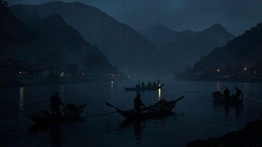 A dark, misty river border at night between North Korea and China, with small boats carrying shadowy figures and goods, symbolizing illicit cross-border trade and smuggling activities.